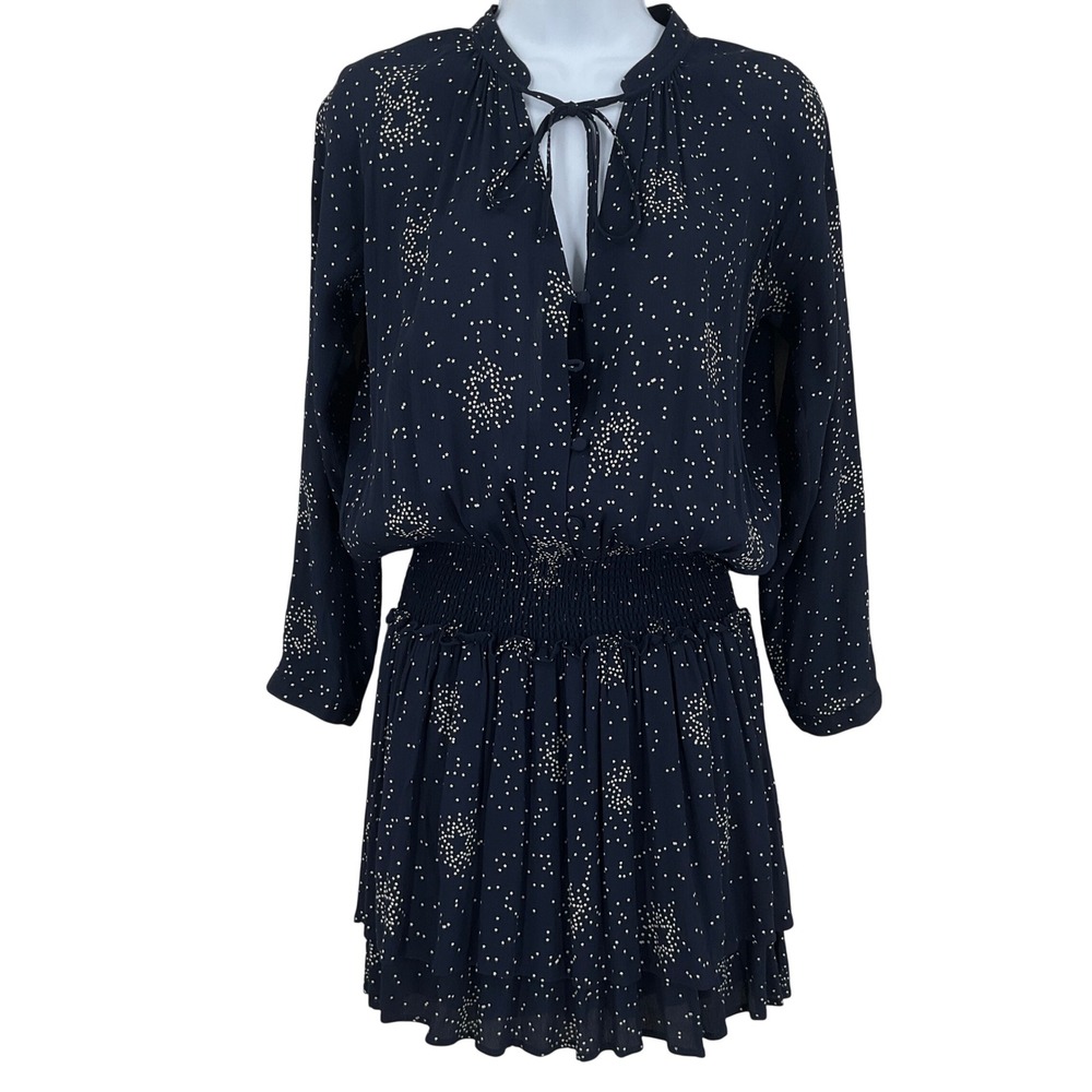 Rails Jasmine Navy Stella Star Print Smocked Tiered Mini Dress XS Celestial Boho